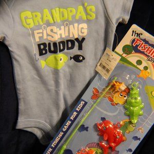BUNDLE**BRAND NEW Fishing Game and 6-9MO onesie
